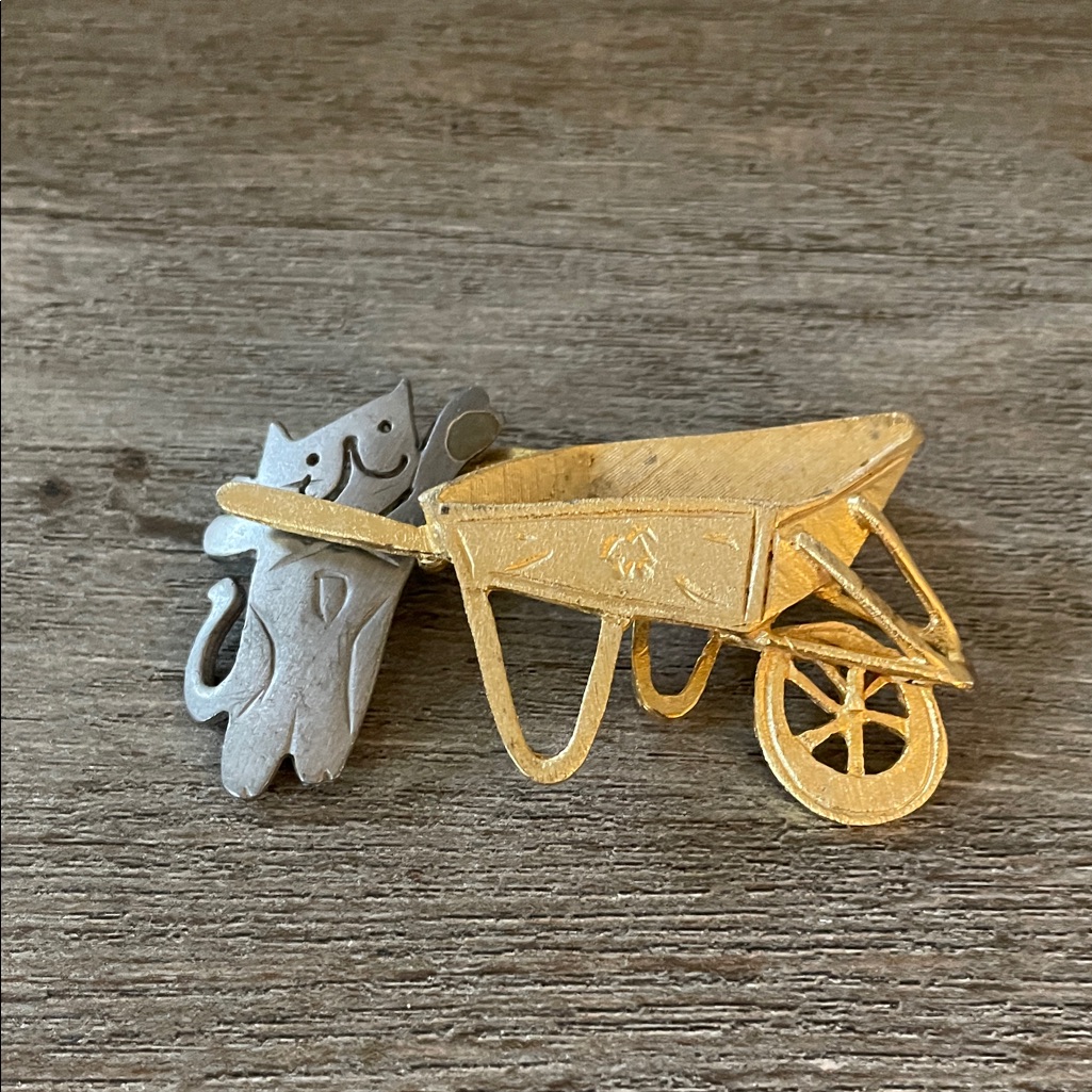 Vintage Ultra Craft Gold & Silver Tone Brooch, Cat Pushing Wheelbarrow